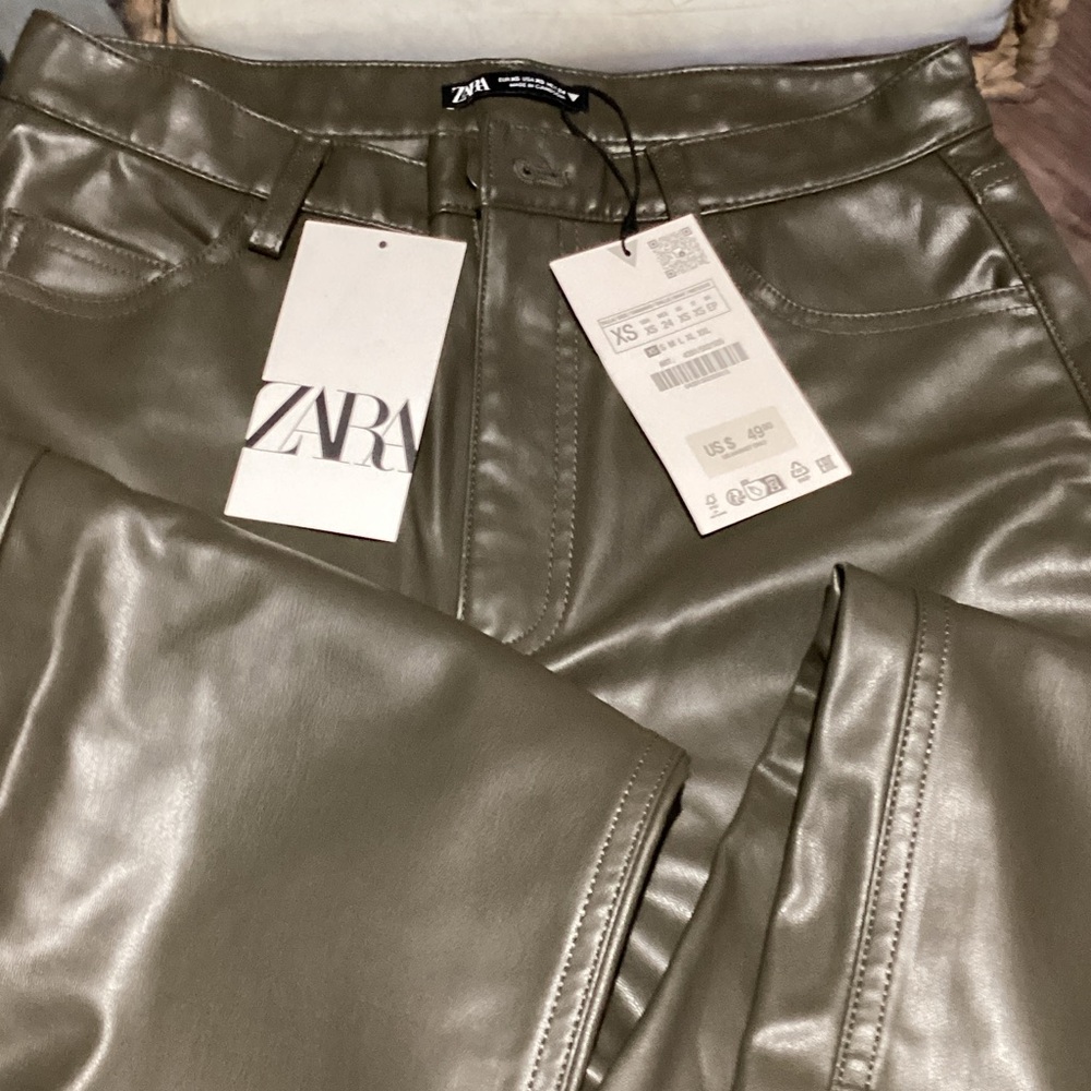 Zara Khaki Faux Leather Trousers